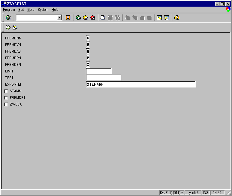 zsysptst selection screen